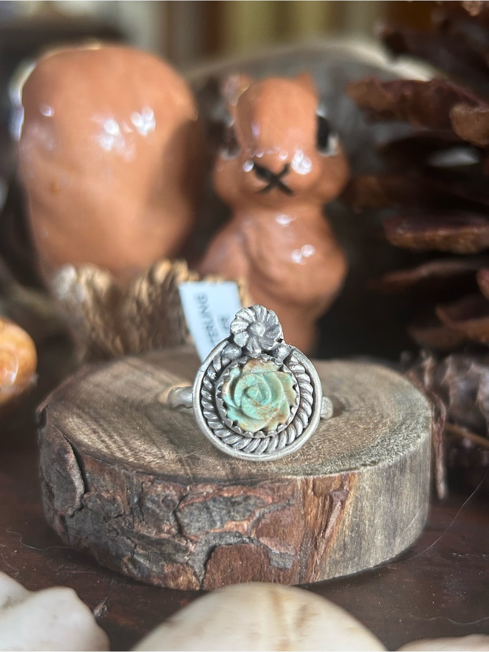 925 Sterling carved rose Mojave turquoise ring